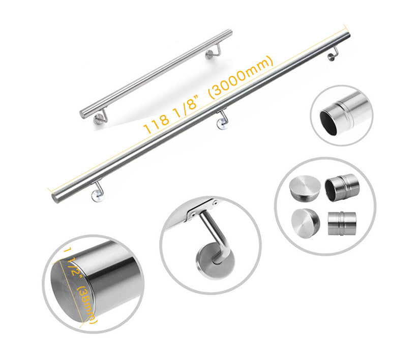 Diameter 1 1/2" by 118 1/8" Length 304 Stainless Steel Staircase Support Handrail – Wall-Mounted Stair Rail
