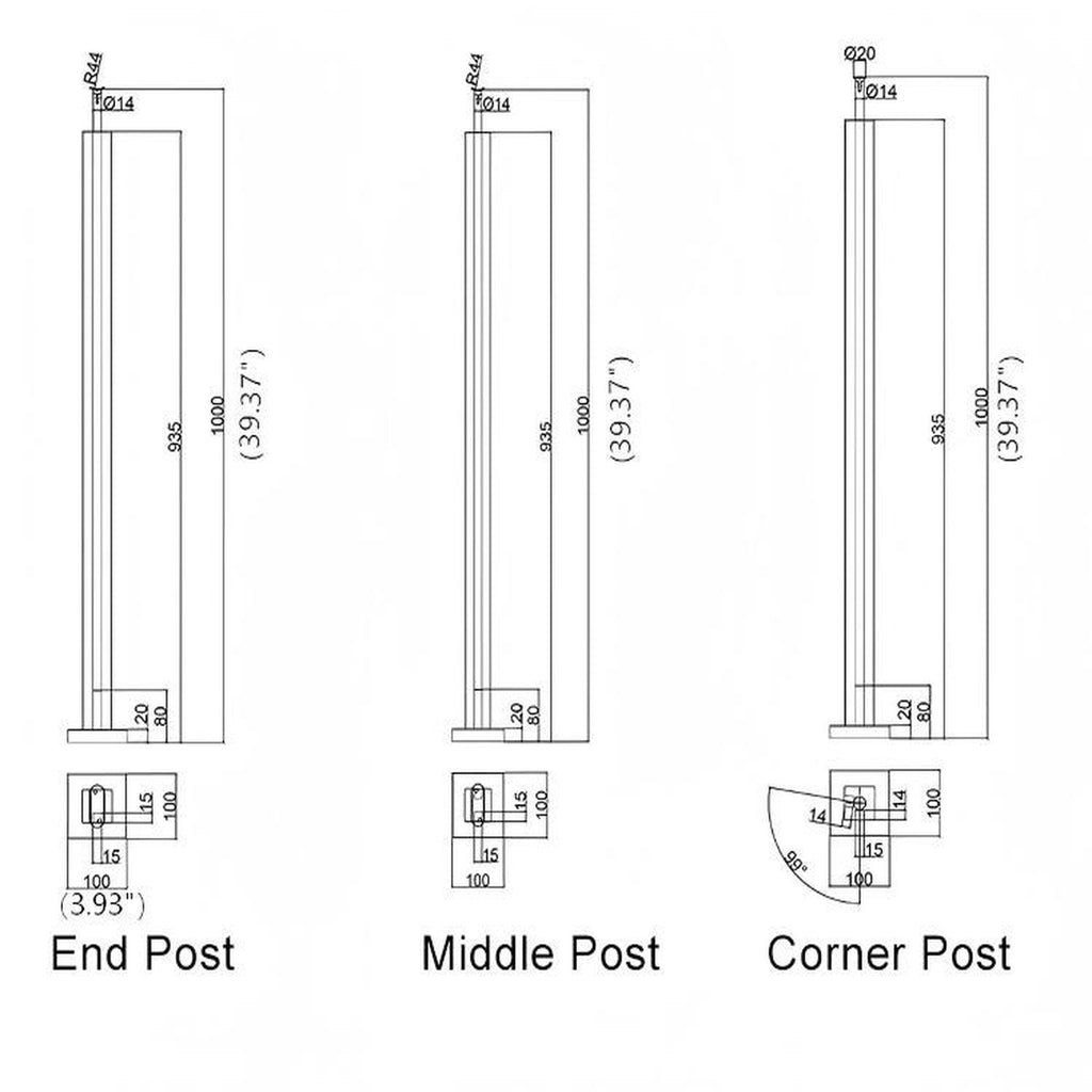 304 Stainless Steel Square Glass Railing Post – End, Middle & Corner Posts